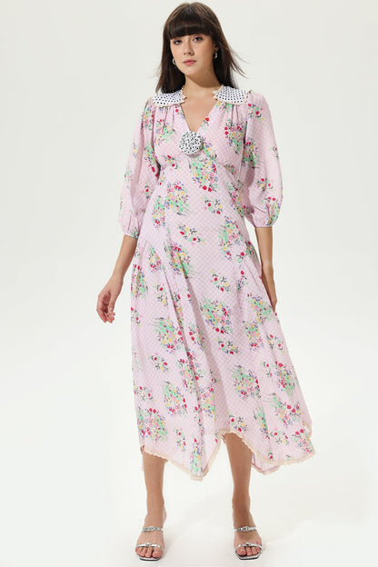 Lantern Sleeve V-neck Belted Lattice Flower Midi Dress