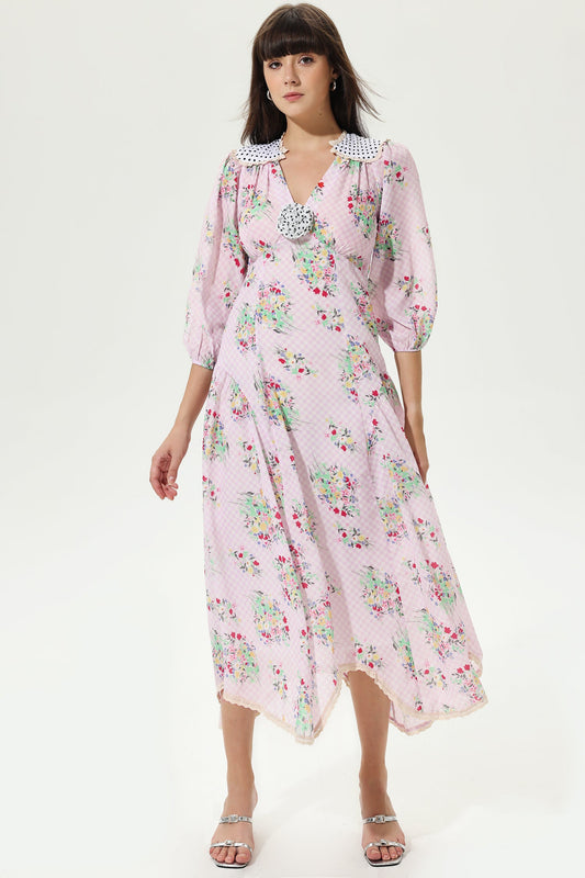 Lantern Sleeve V-neck Belted Lattice Flower Midi Dress