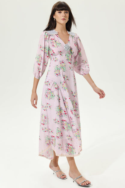 Lantern Sleeve V-neck Belted Lattice Flower Midi Dress
