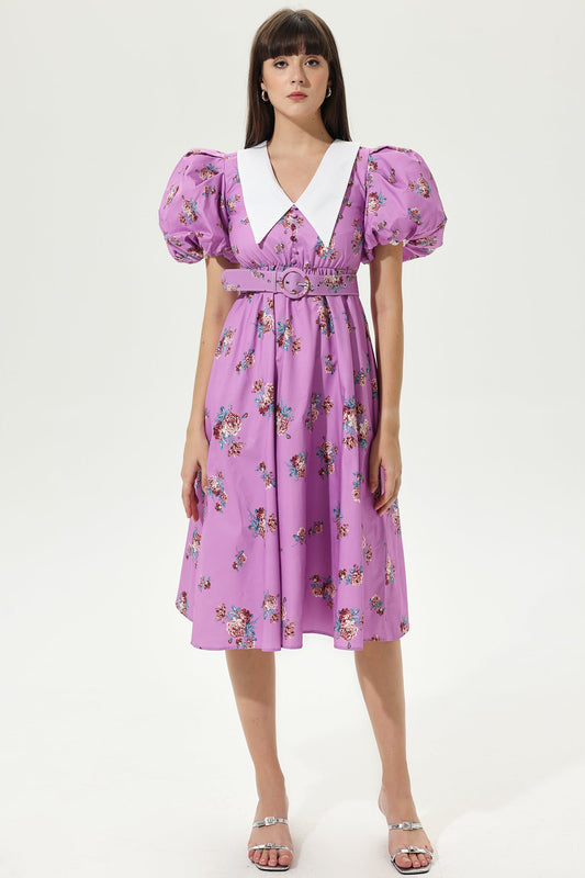 Puff Sleeves V-neck Tapered Waist Midi Dress Purple