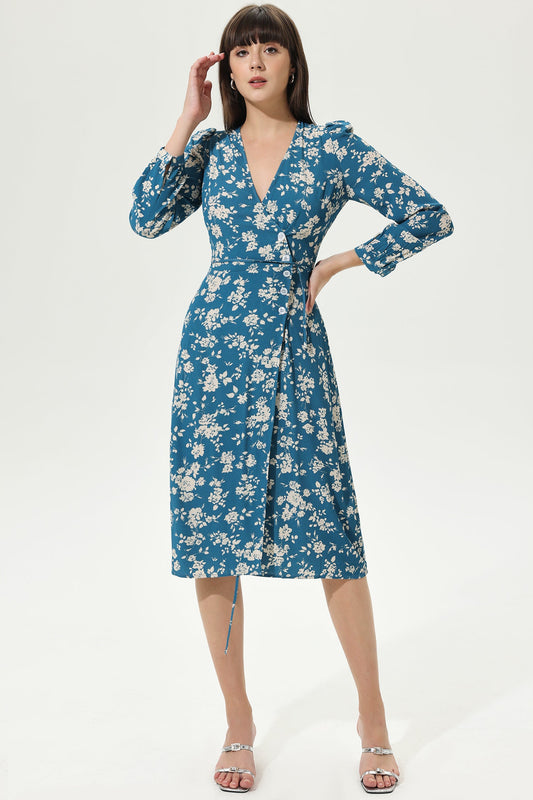 Long Sleeve V-neck Slit Midi Dress Blue