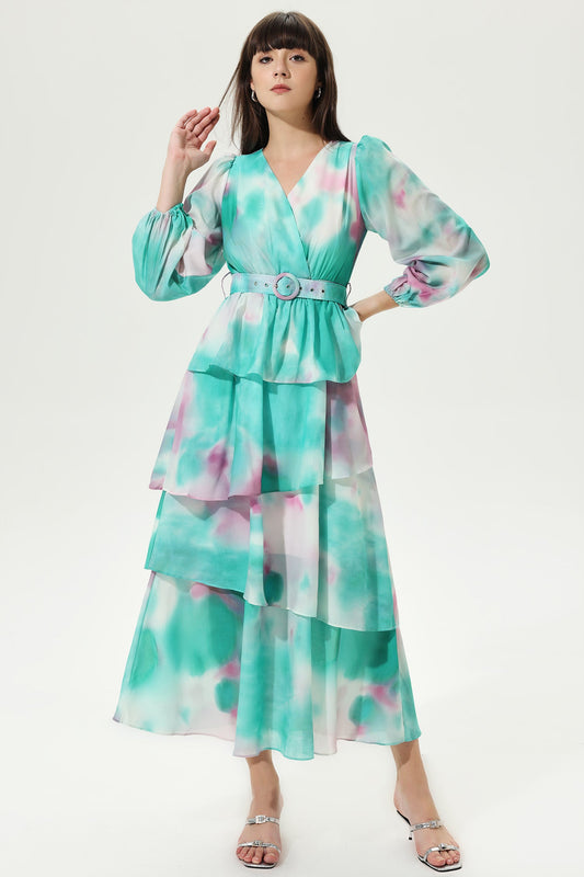 Tie-dye Lantern Sleeve V-neck Layered Hem Midi Dress