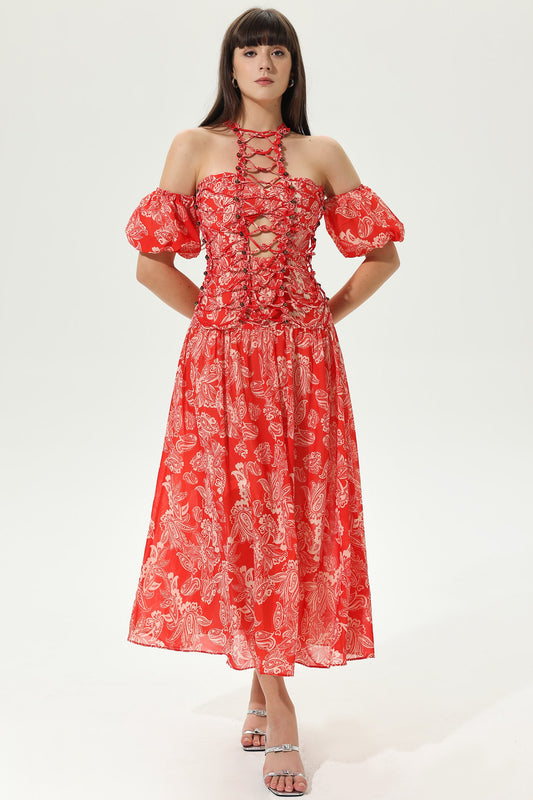 Lantern Sleeve Halter Neck Tapered Waist Hollow Out Maxi Dress