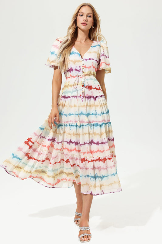 V-neck Puff Sleeve Tapered Waist Midi Dress