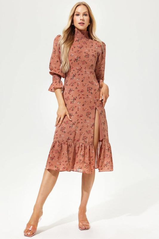 Puff Sleeve Slit Midi Dress