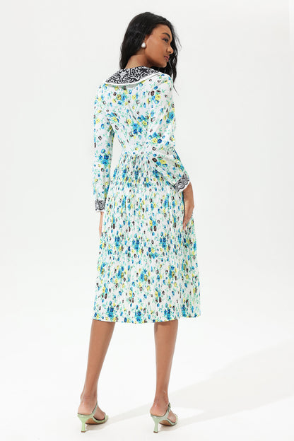 Printed Lantern Sleeve Doll Collar Lace Midi Dress