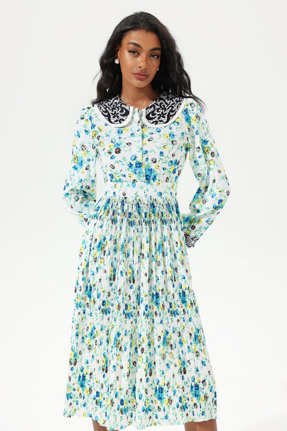 Printed Lantern Sleeve Doll Collar Lace Midi Dress