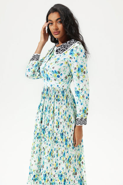 Printed Lantern Sleeve Doll Collar Lace Midi Dress