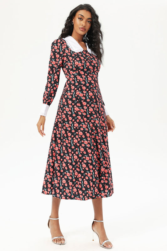 Long Sleeve Doll Collar Buttoned Midi Dress Black