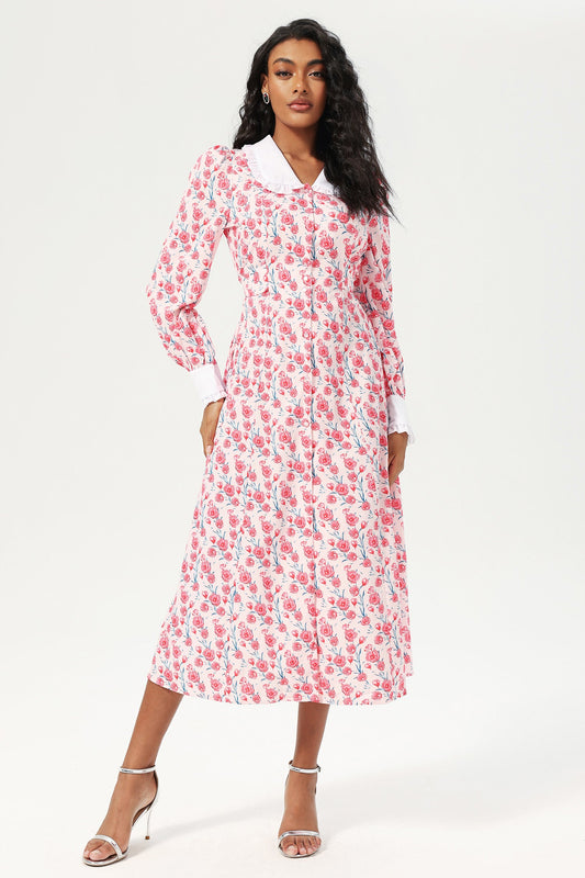 Long Sleeve Doll Collar Buttoned Midi Dress Pink