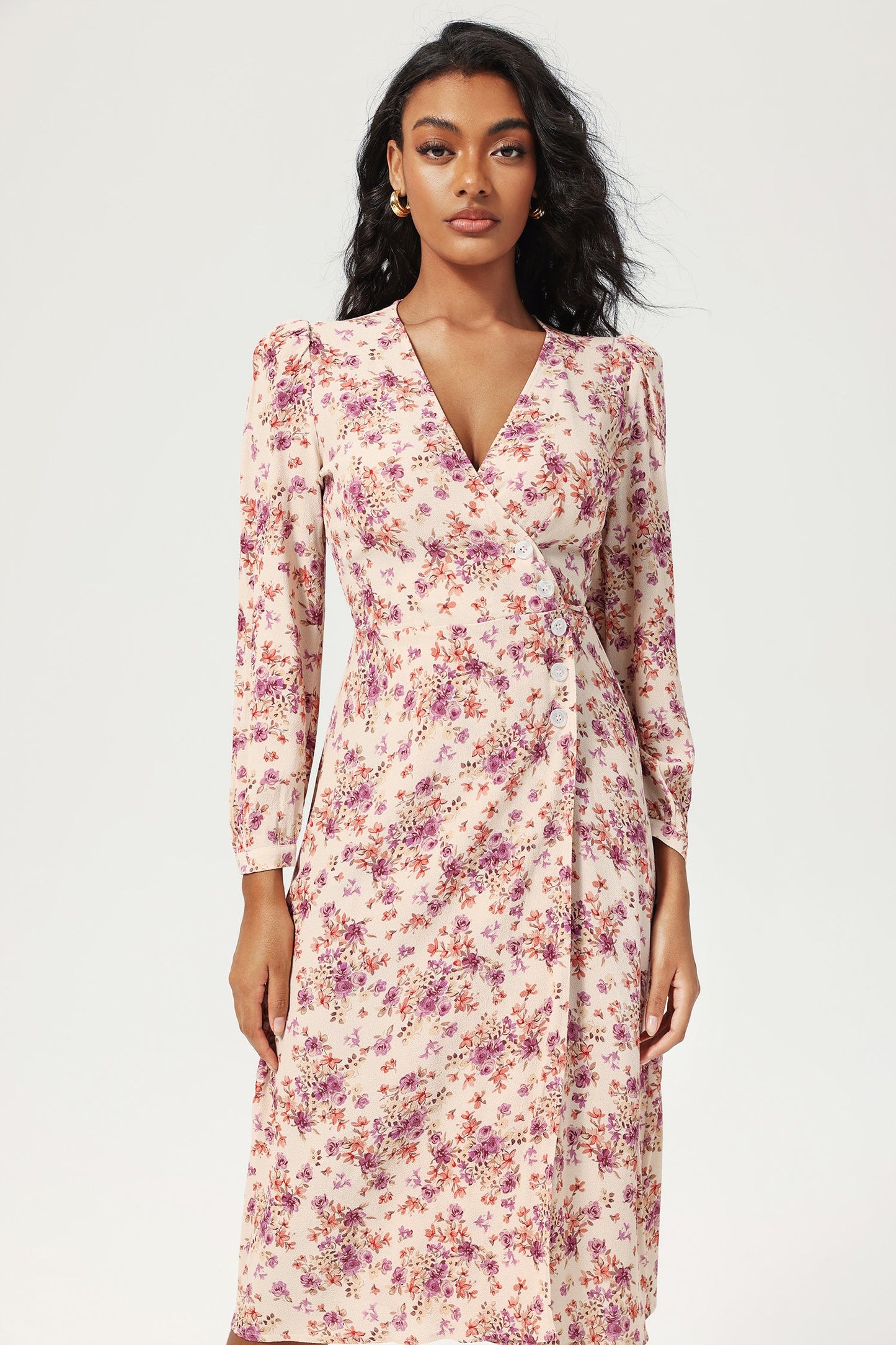 Long Sleeve V-neck Buttoned Lace Up Slit Midi Dress Purple
