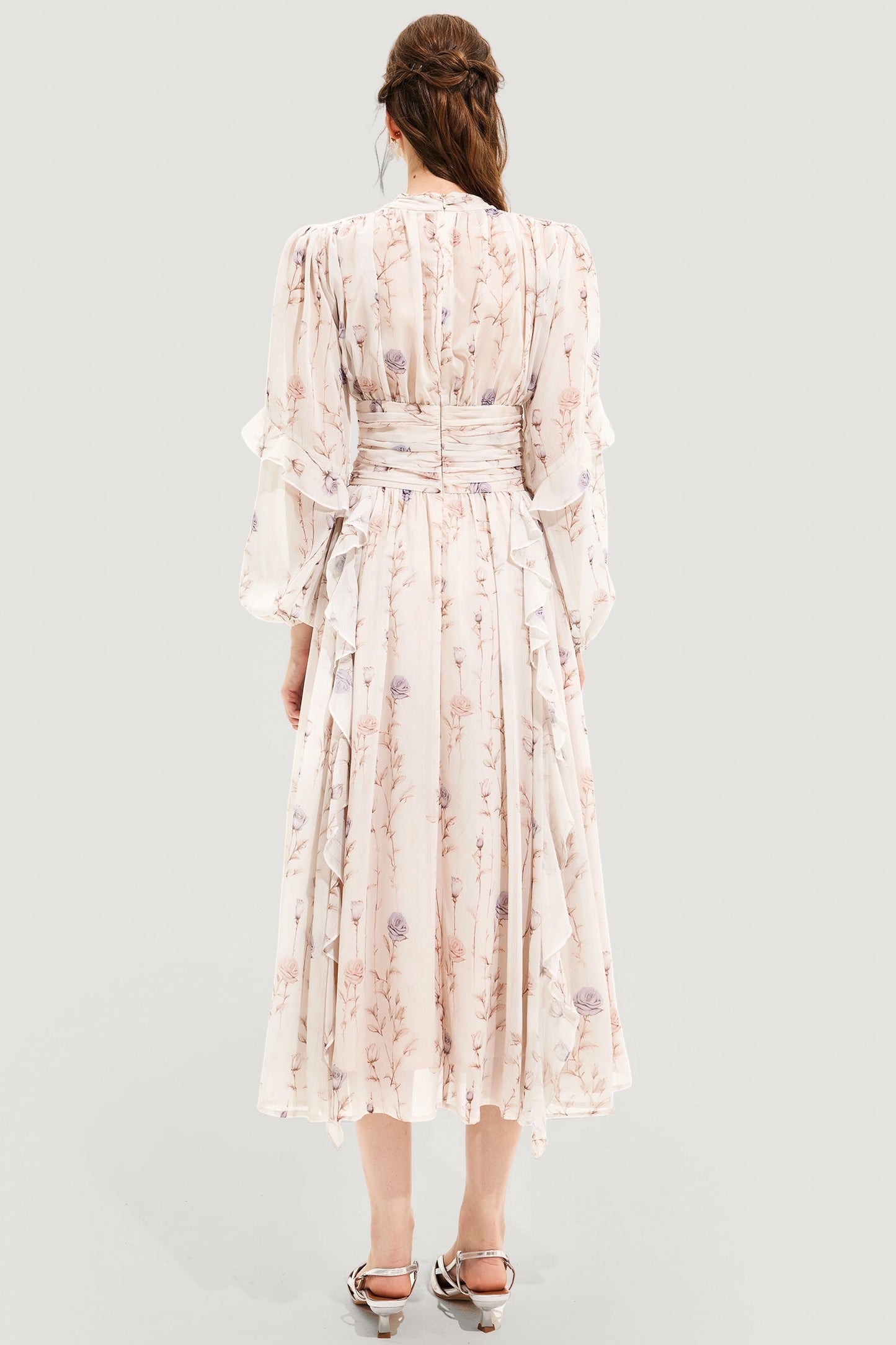 Round Neck Puff Sleeve Midi Dress