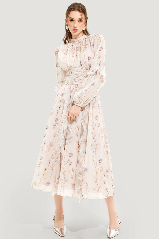 Round Neck Puff Sleeve Midi Dress