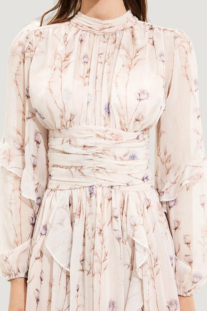 Round Neck Puff Sleeve Midi Dress