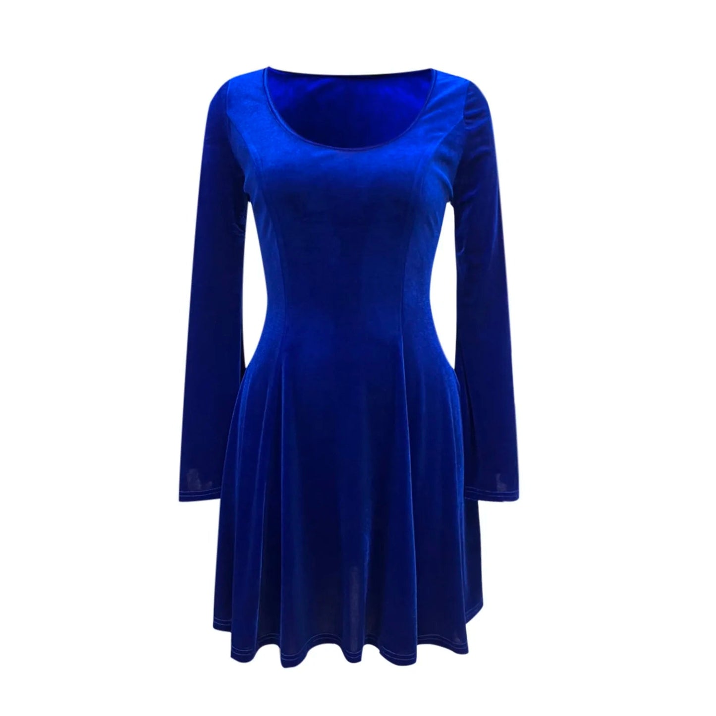 Color U Neck Long Sleeve High Waist Velvet Midi Dress