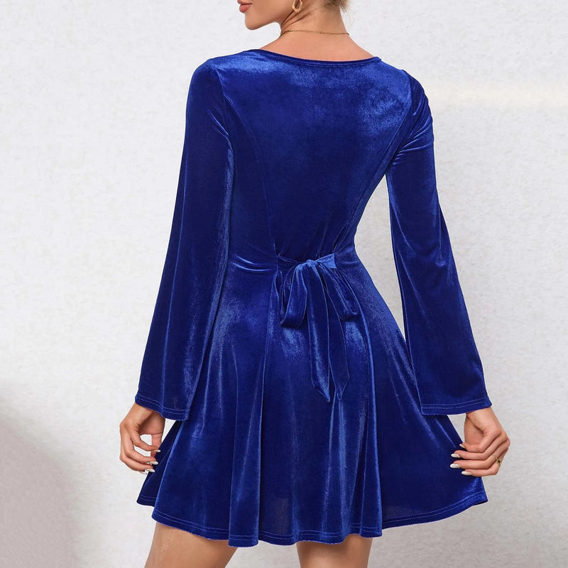 Color U Neck Long Sleeve High Waist Velvet Midi Dress