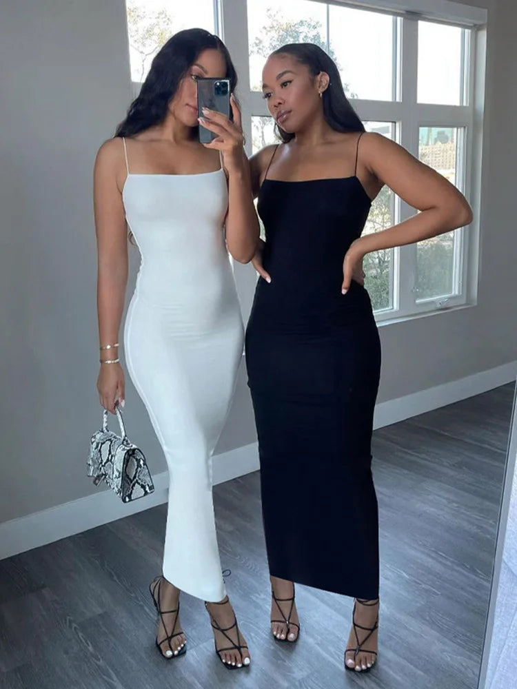 Autumn Winter White Black Strap Club Clothes Midi Dresses