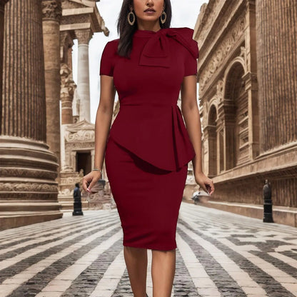 Party Prom Bow O Neck Short Sleeve Slim Midi Dress