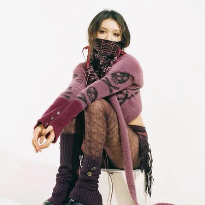 Gothic Skull Embroidery Punk Style Grunge Aesthetics Cropped Hooded Knitted Cardigan