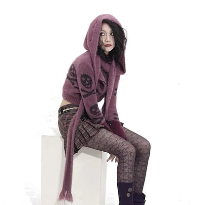 Gothic Skull Embroidery Punk Style Grunge Aesthetics Cropped Hooded Knitted Cardigan