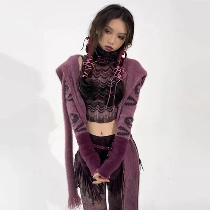 Gothic Skull Embroidery Punk Style Grunge Aesthetics Cropped Hooded Knitted Cardigan