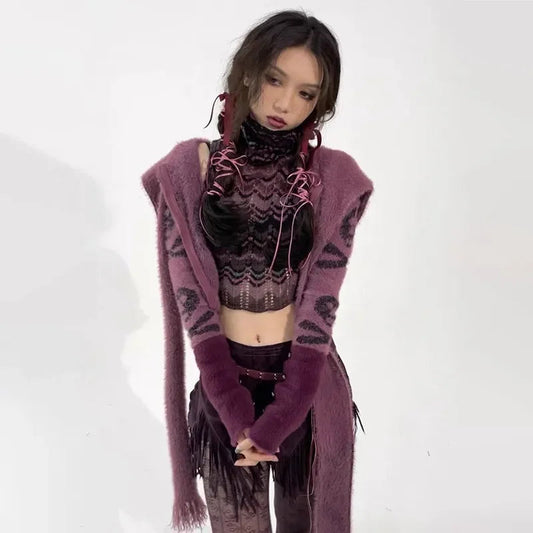 Gothic Skull Embroidery Punk Style Grunge Aesthetics Cropped Hooded Knitted Cardigan