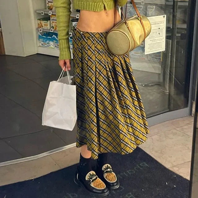 Dressbetty - Houndstooth Pleated Loose Retro Maxi Skirt