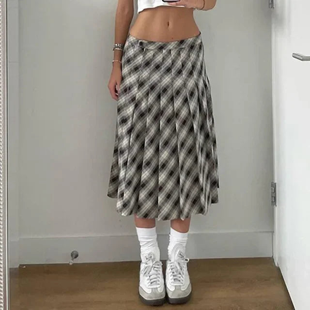 Dressbetty - Houndstooth Pleated Loose Retro Maxi Skirt