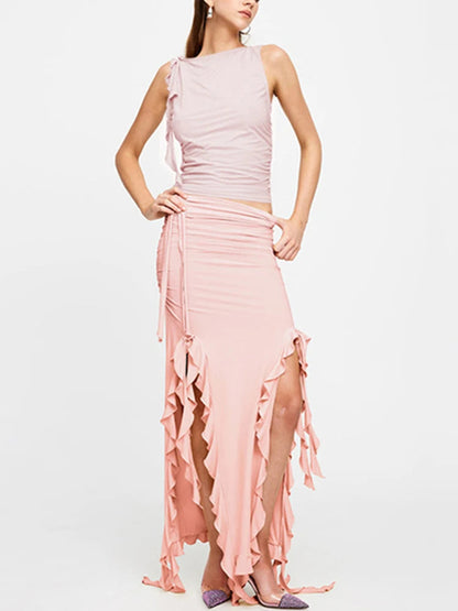 Dressbetty - Party Ruffles Maxi Split Skirt