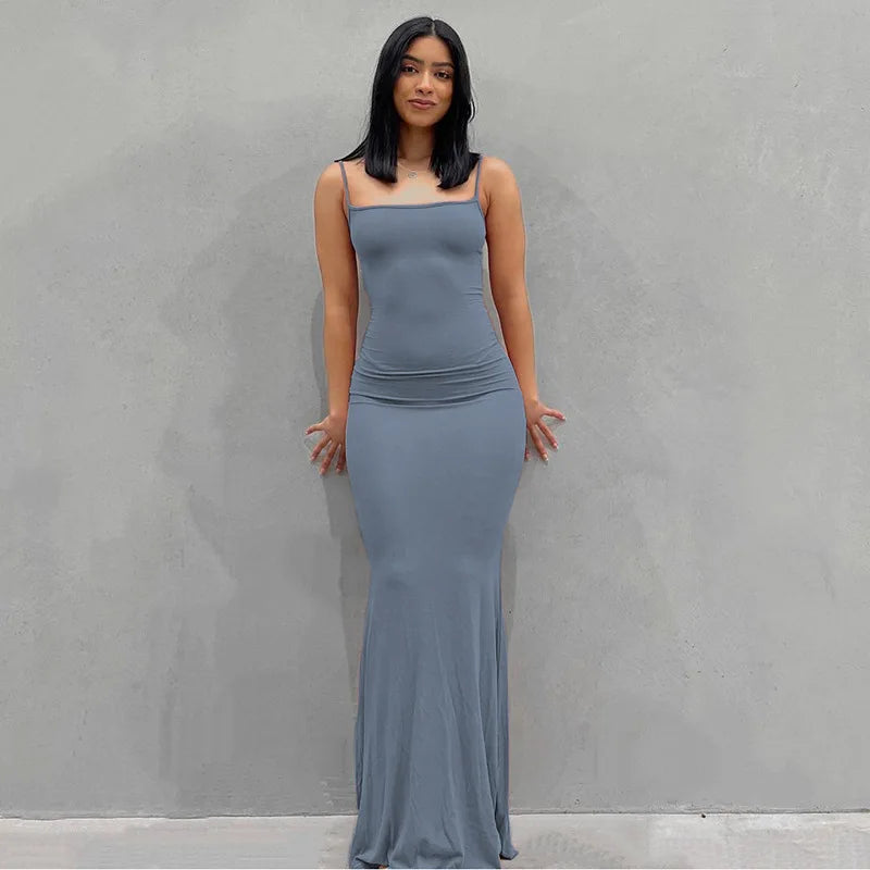 Summer Spaghetti Strap Black Skims Sleeveless Maxi Dress
