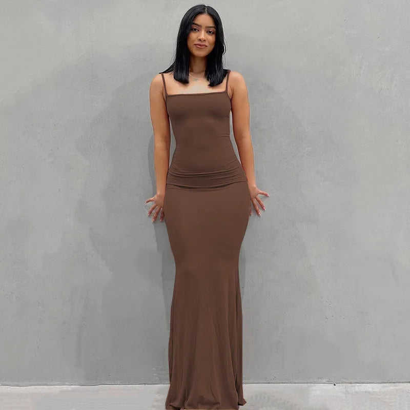 Summer Spaghetti Strap Black Skims Sleeveless Maxi Dress