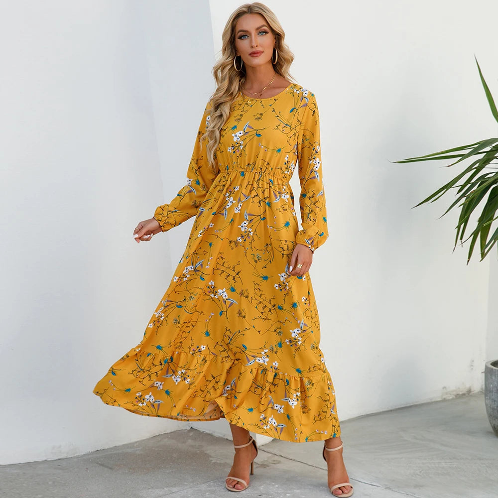 Sping Maxi Long Sleeve High Waist Chiffon Midi Dresses