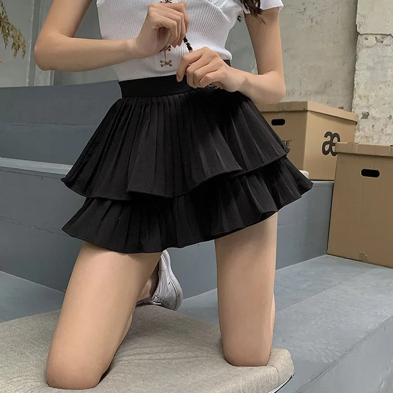 Dressbetty - Layered White Ruffles High Waist Pleated Mini Skirt