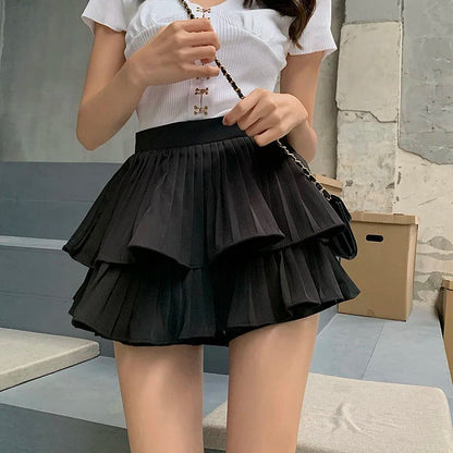 Dressbetty - Layered White Ruffles High Waist Pleated Mini Skirt