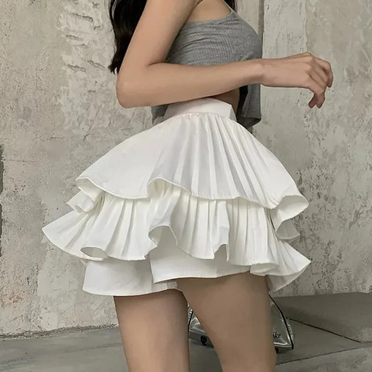 Dressbetty - Layered White Ruffles High Waist Pleated Mini Skirt