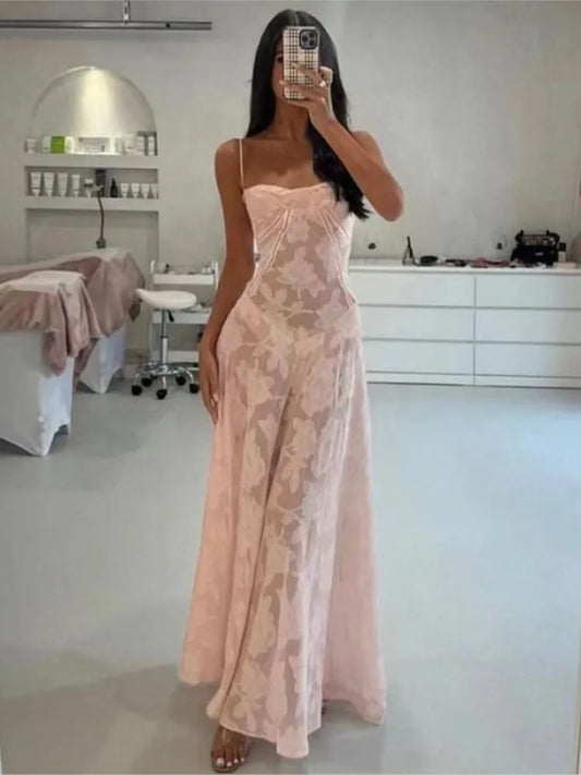 Summer New Dresses for Spaghetti Strap Lace Hollow Out Low Cut A-lin Long Dress Beach Vacation Vestidos