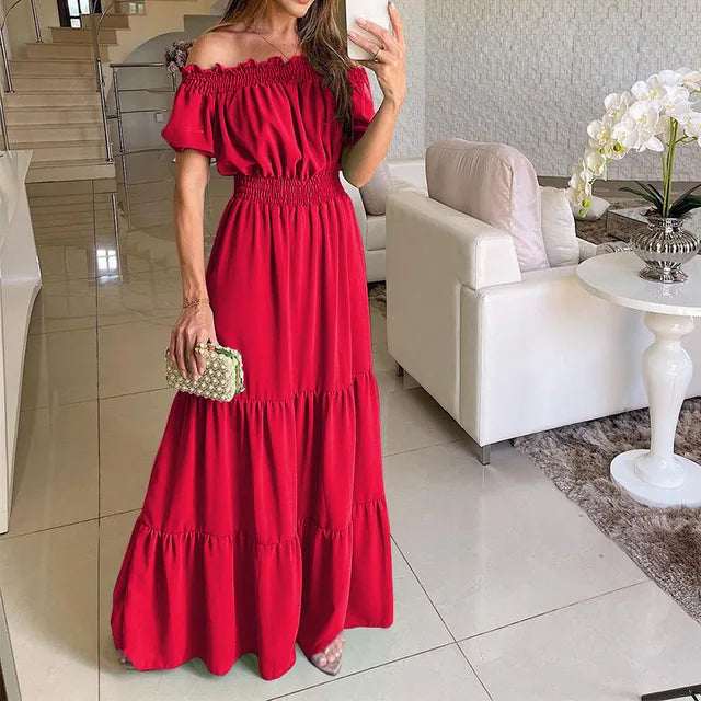 Summer Vestidos Red Short Sleeve Club Party Evening Long Dress Slim Color Robe Ruffles Elastic Waist Slash Neck