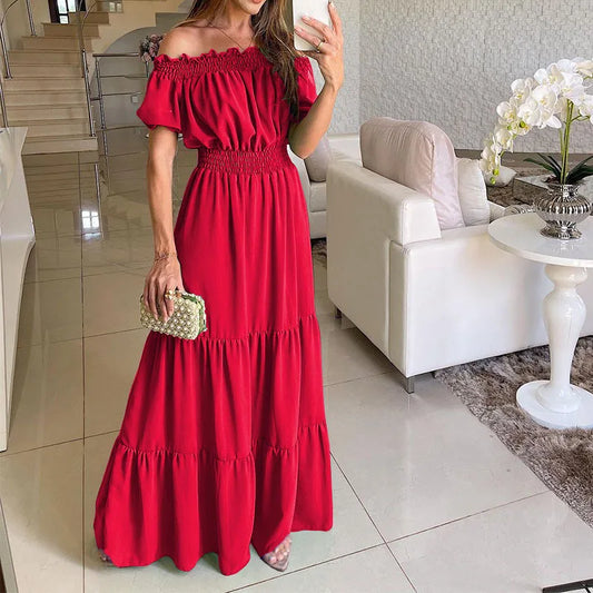 Summer Vestidos Red Short Sleeve Club Party Evening Long Dress Slim Color Robe Ruffles Elastic Waist Slash Neck