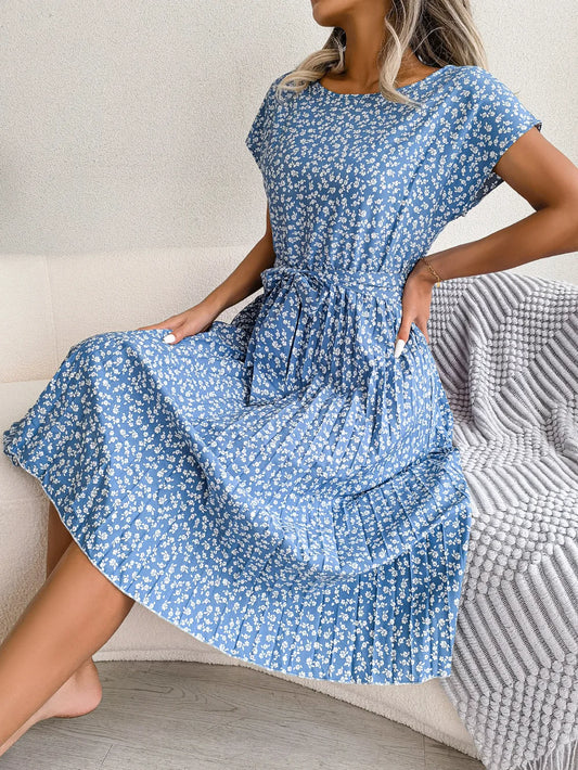 Summer Short Sleeve Long Dress O Neck Lace Up Pleated A-line Office Female Vestidos