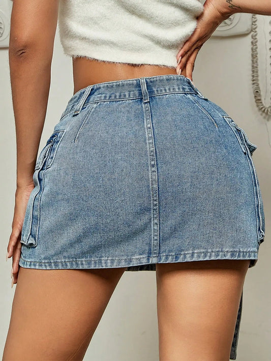 Street Tooling Style Flap Pocket Slim Workwear Denim Skirt
