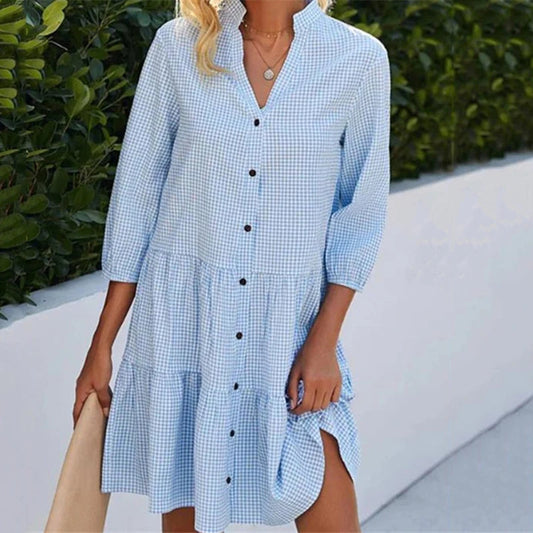 Beach Half V-neck Patchwork Button Female Midi Dresses