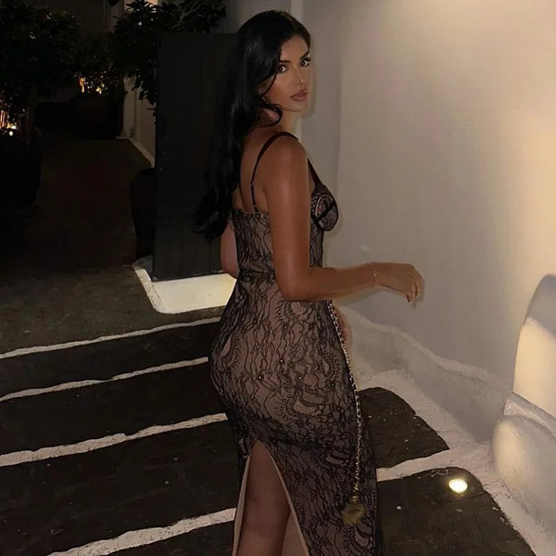 New Spring Lace Stitching Backless Slit Maxi Dress