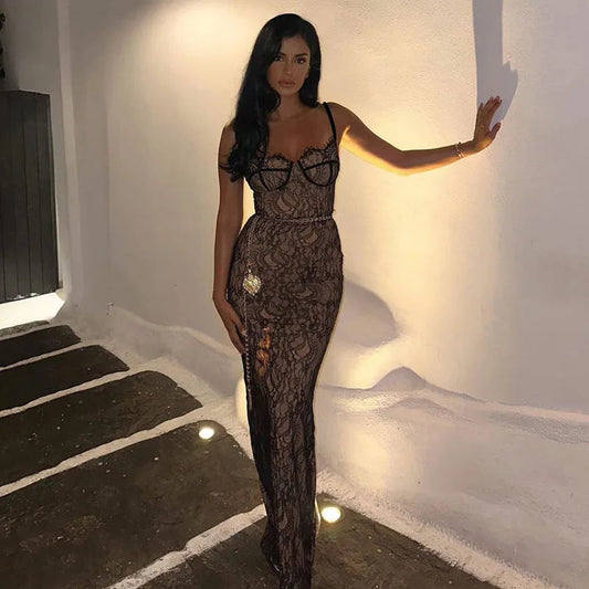 New Spring Lace Stitching Backless Slit Maxi Dress