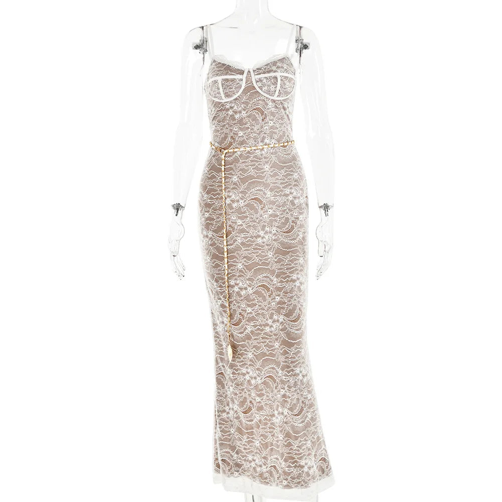 New Spring Lace Stitching Backless Slit Maxi Dress
