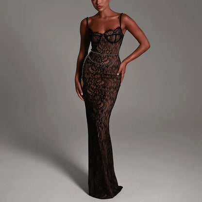 New Spring Lace Stitching Backless Slit Maxi Dress