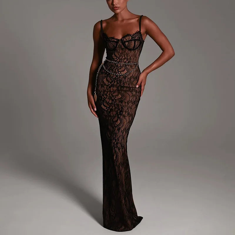 New Spring Lace Stitching Backless Slit Maxi Dress