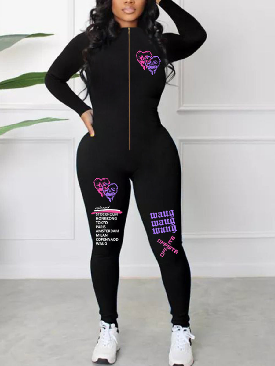 Letter Print Zipper Design Skinny Jumpsuit Ar5072