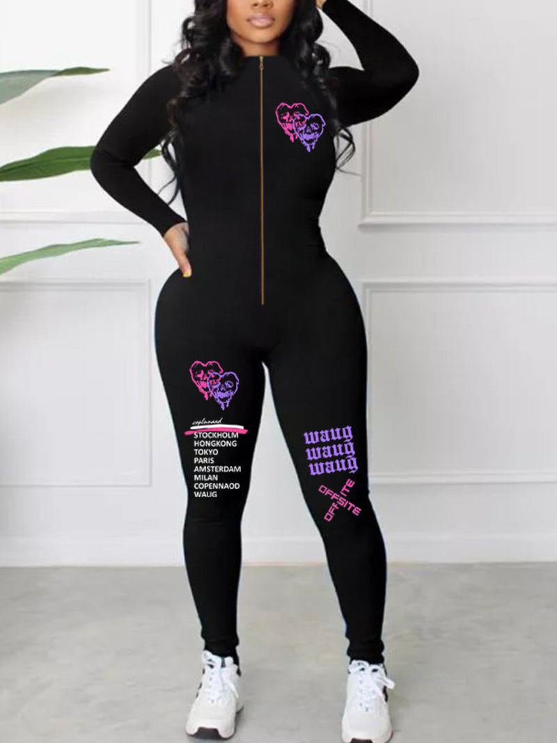 Letter Print Zipper Design Skinny Jumpsuit Ar5072
