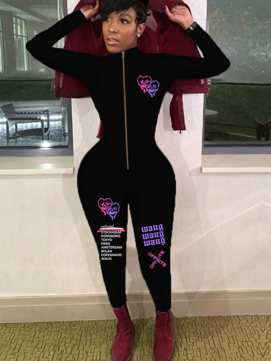 Letter Print Zipper Design Skinny Jumpsuit Ar5072