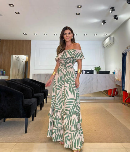 One Sleeve Palm Printed Self-tie Tiered Maxi Dress